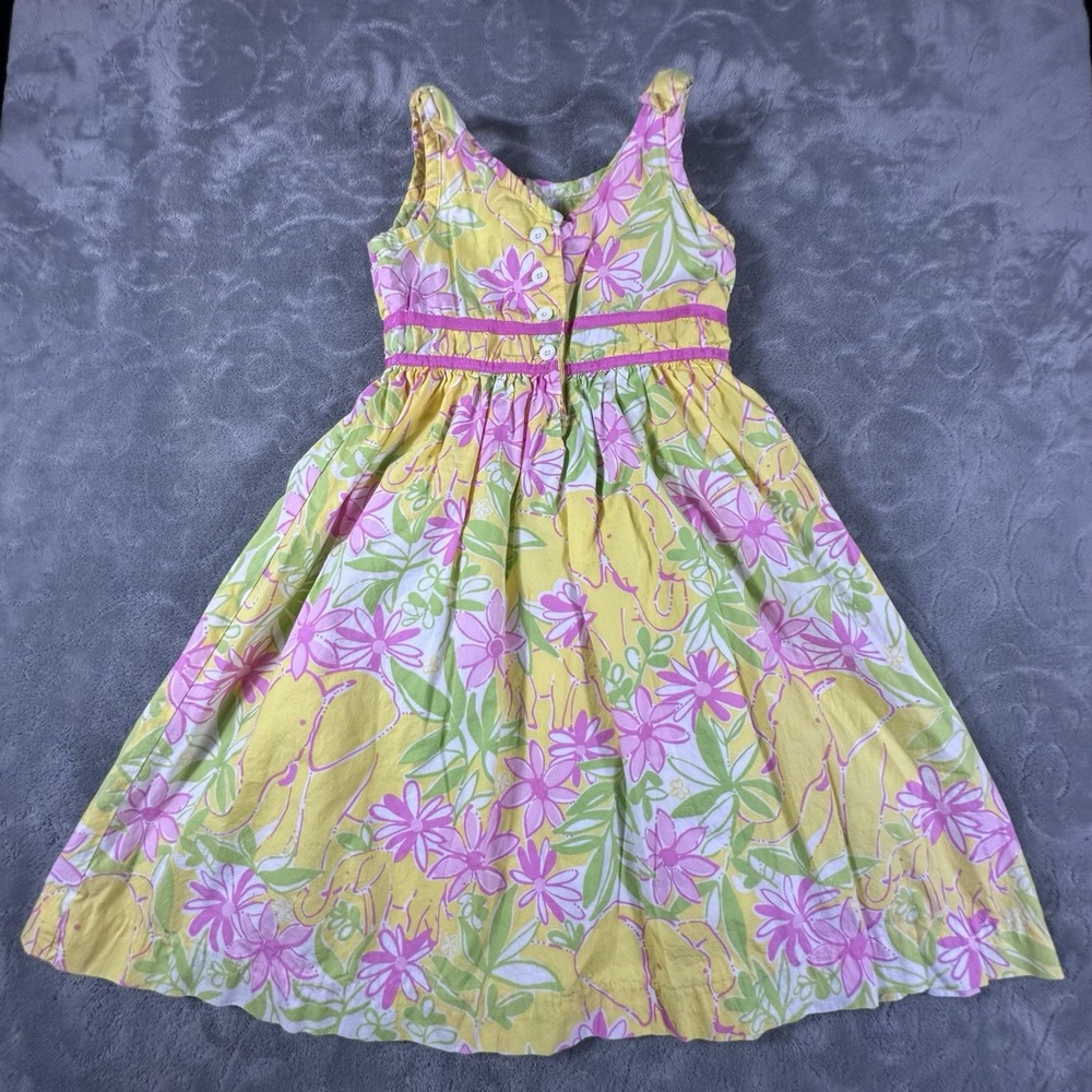 Lilly Pulitzer Elephant Floral Sun Dress Girl 7 Yellow Pink Artsy Beach Vacation